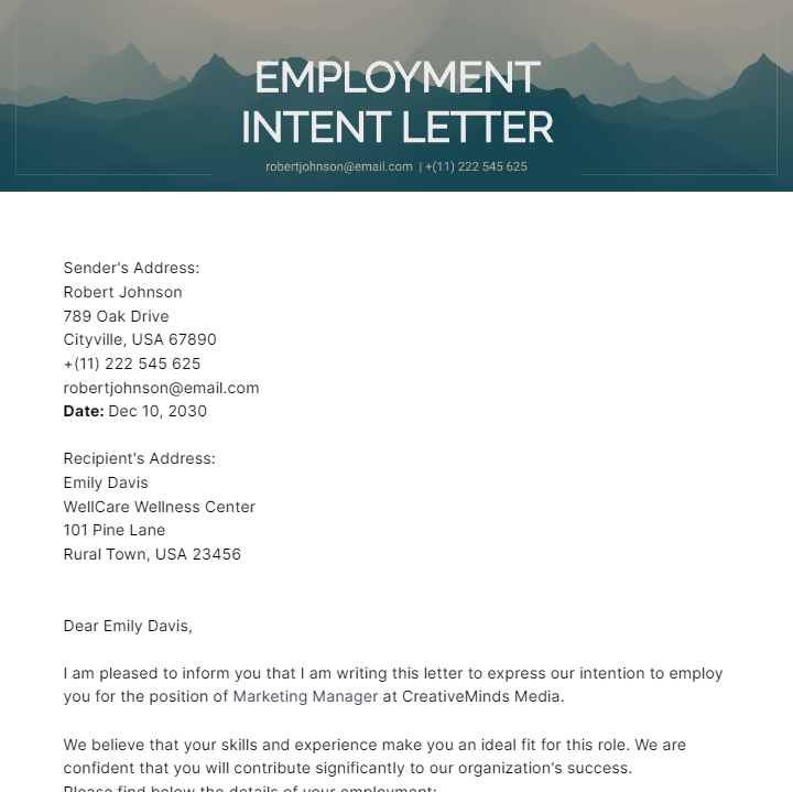 Free Employment Intent Letter