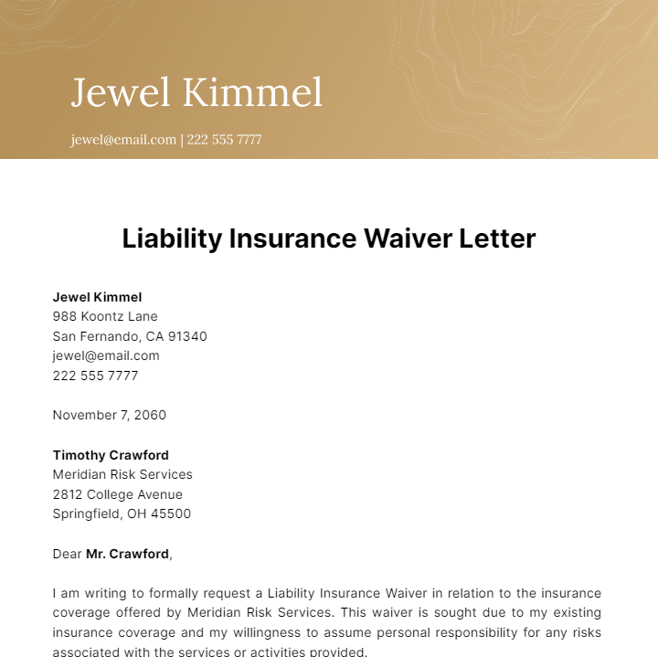 Free Liability Insurance Waiver Letter Template