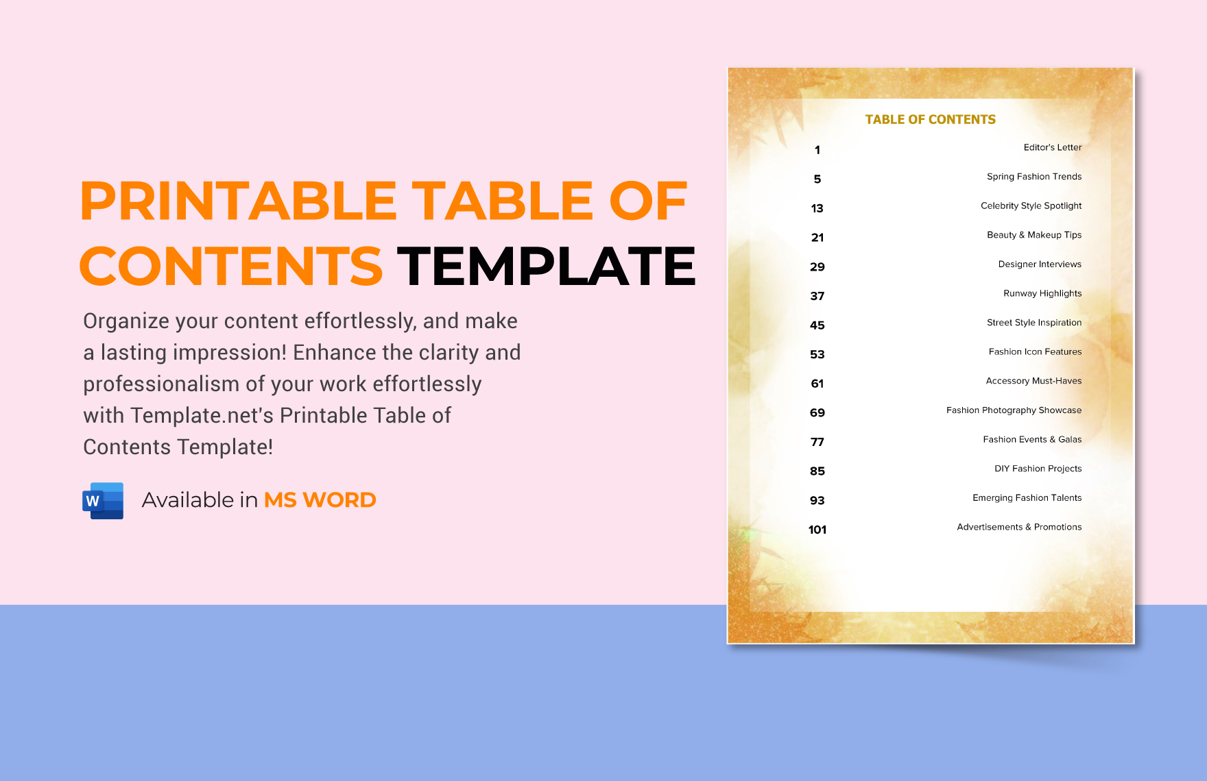 Printable Table of Contents Template