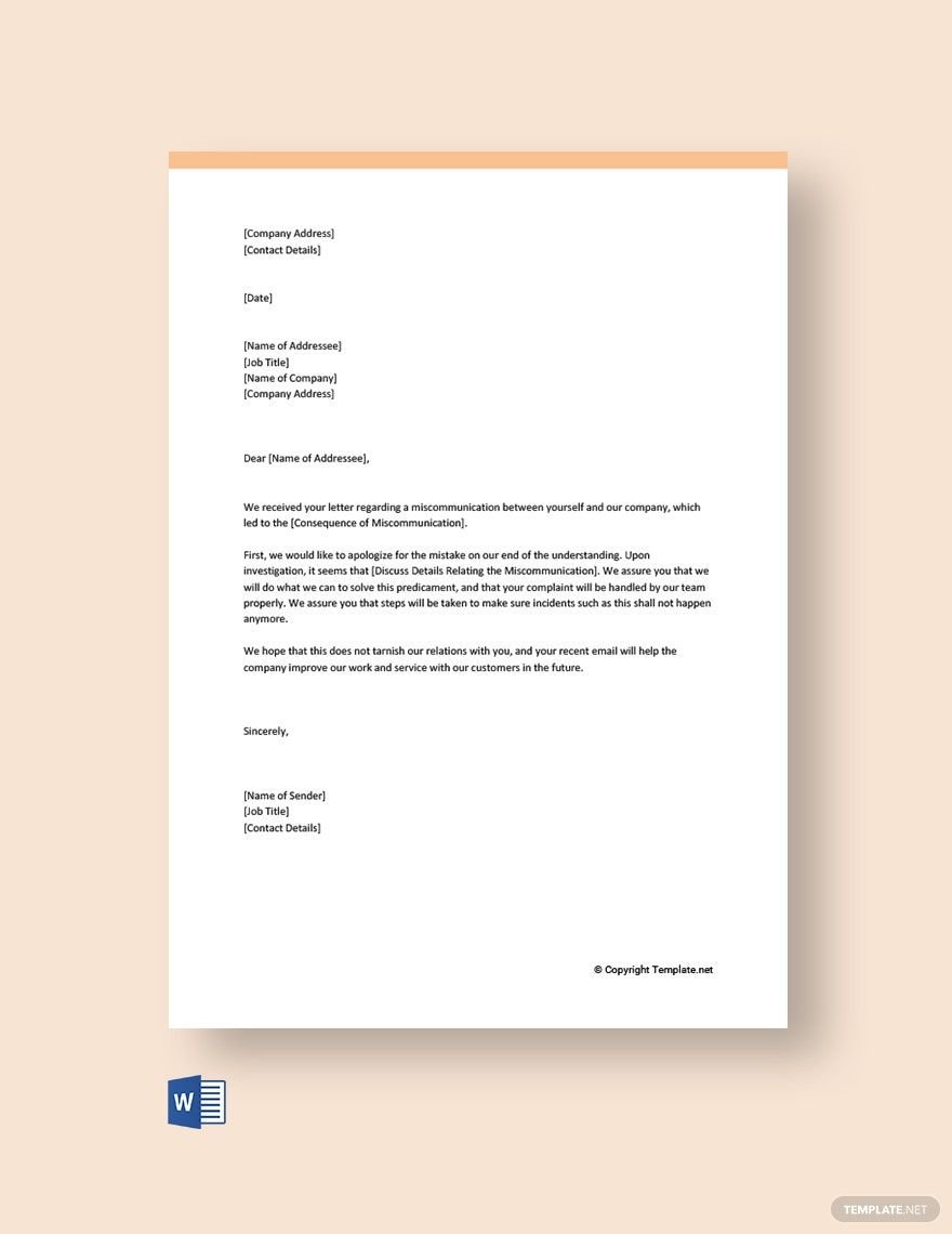 Free Business Apology Letter for Miscommunication Template