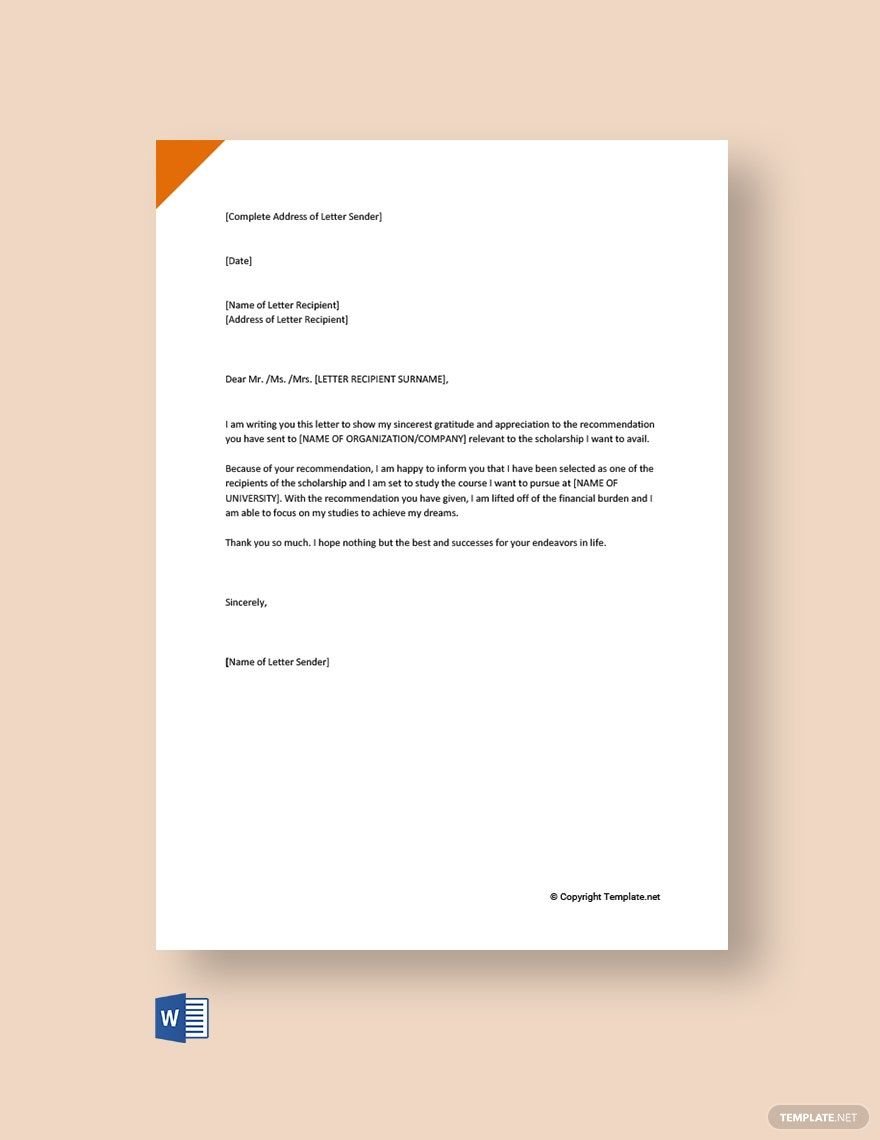 Thank You Letter For Recommendation Letter For Scholarship Template