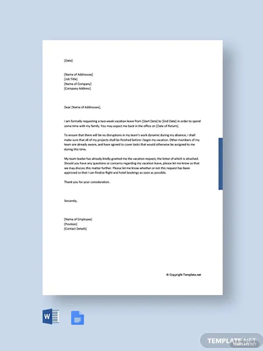 Vacation Leave Letter Template in Word, Google Docs, PDF