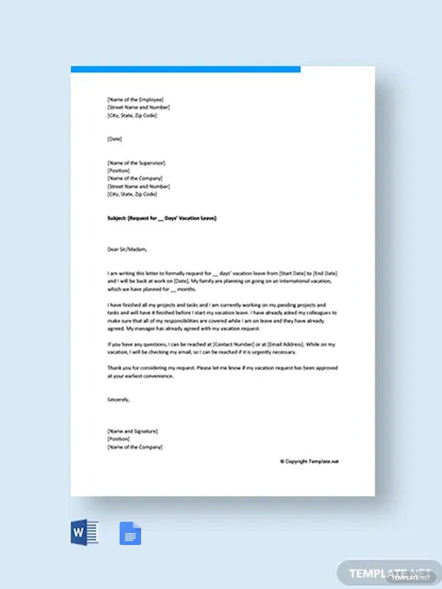Vacation Leave Letter For Office Template
