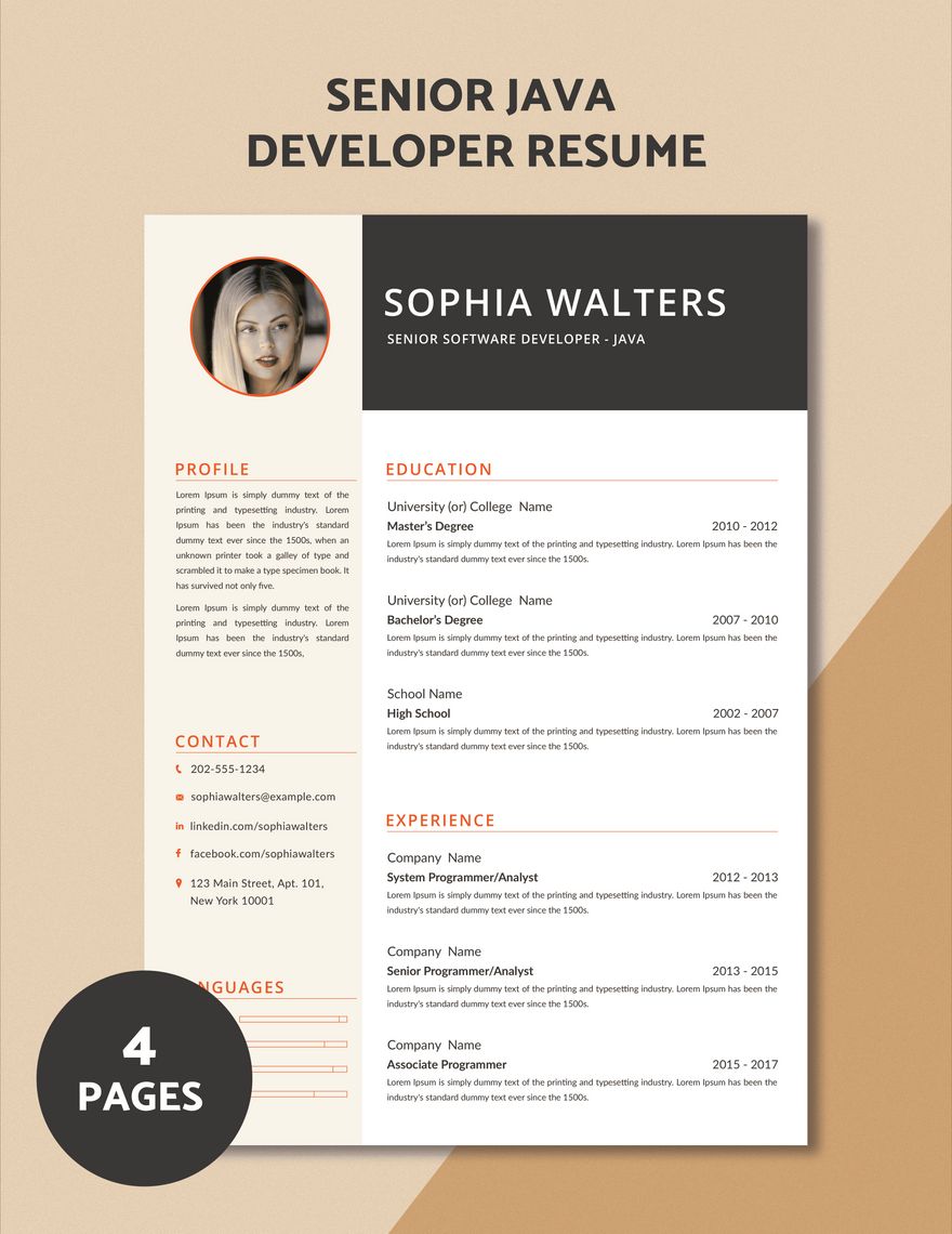 Senior Java Developer Resume in Word, PSD, Apple Pages, Publisher