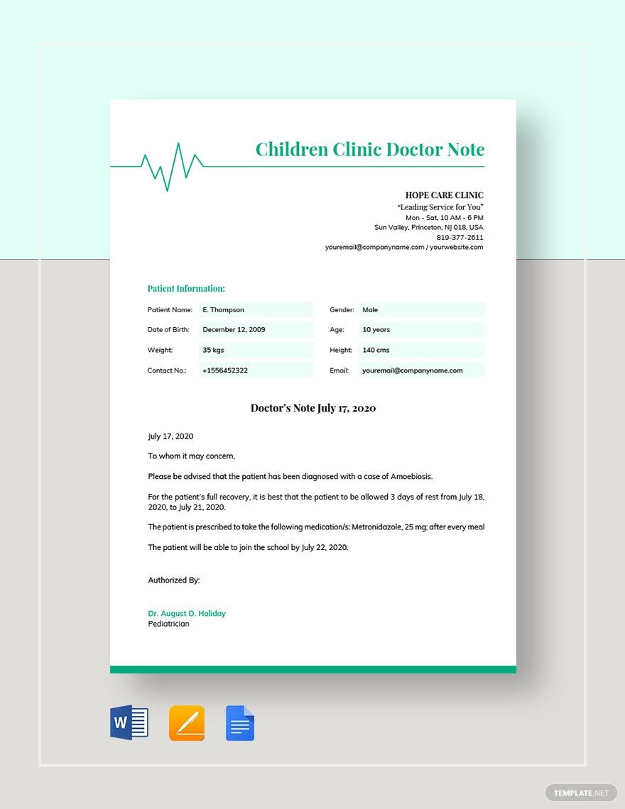 Sample Children's Clinic Doctors Note Template