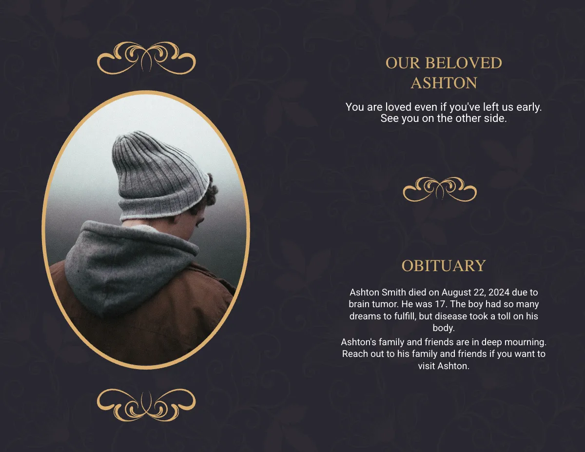 Free Elegant Funeral Obituary Bi-Fold Brochure Template to Edit Online