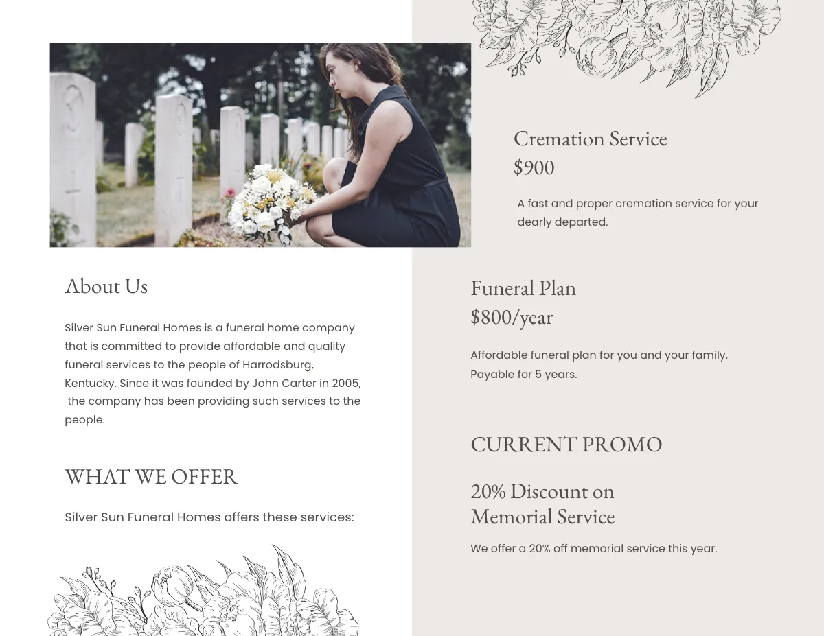 Free Ceremony Cremation Funeral Bi-Fold Brochure Template to Edit Online