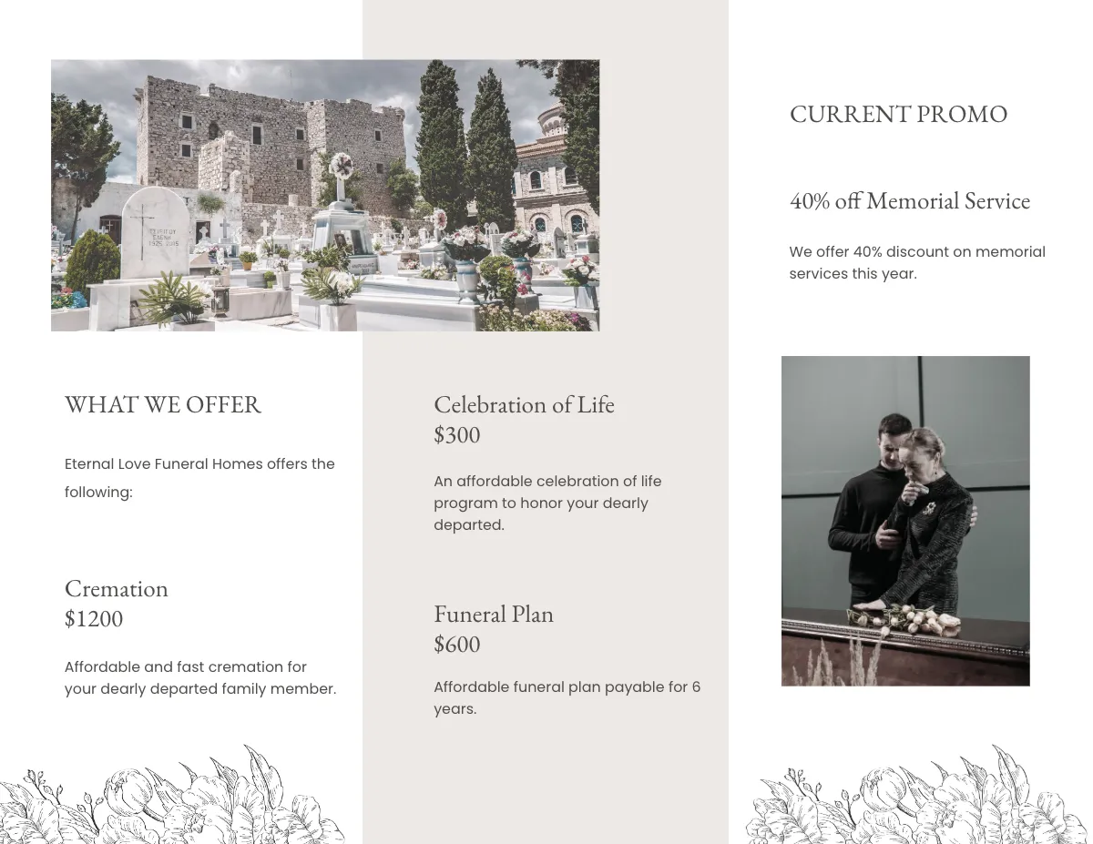 Free Ceremony Cremation Funeral Tri-Fold Brochure Template to Edit Online