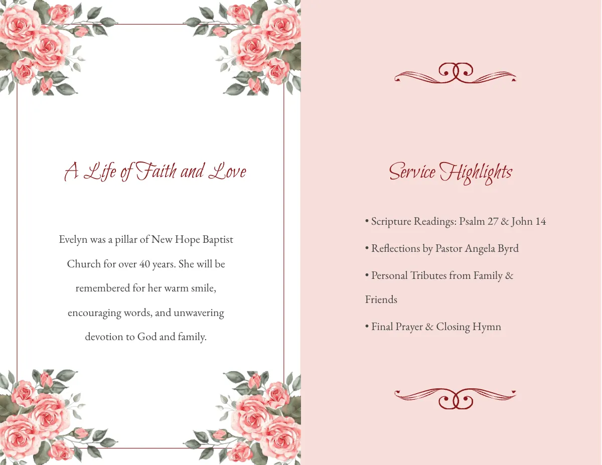 Free Church Eulogy Funeral Bi-Fold Brochure Template to Edit Online