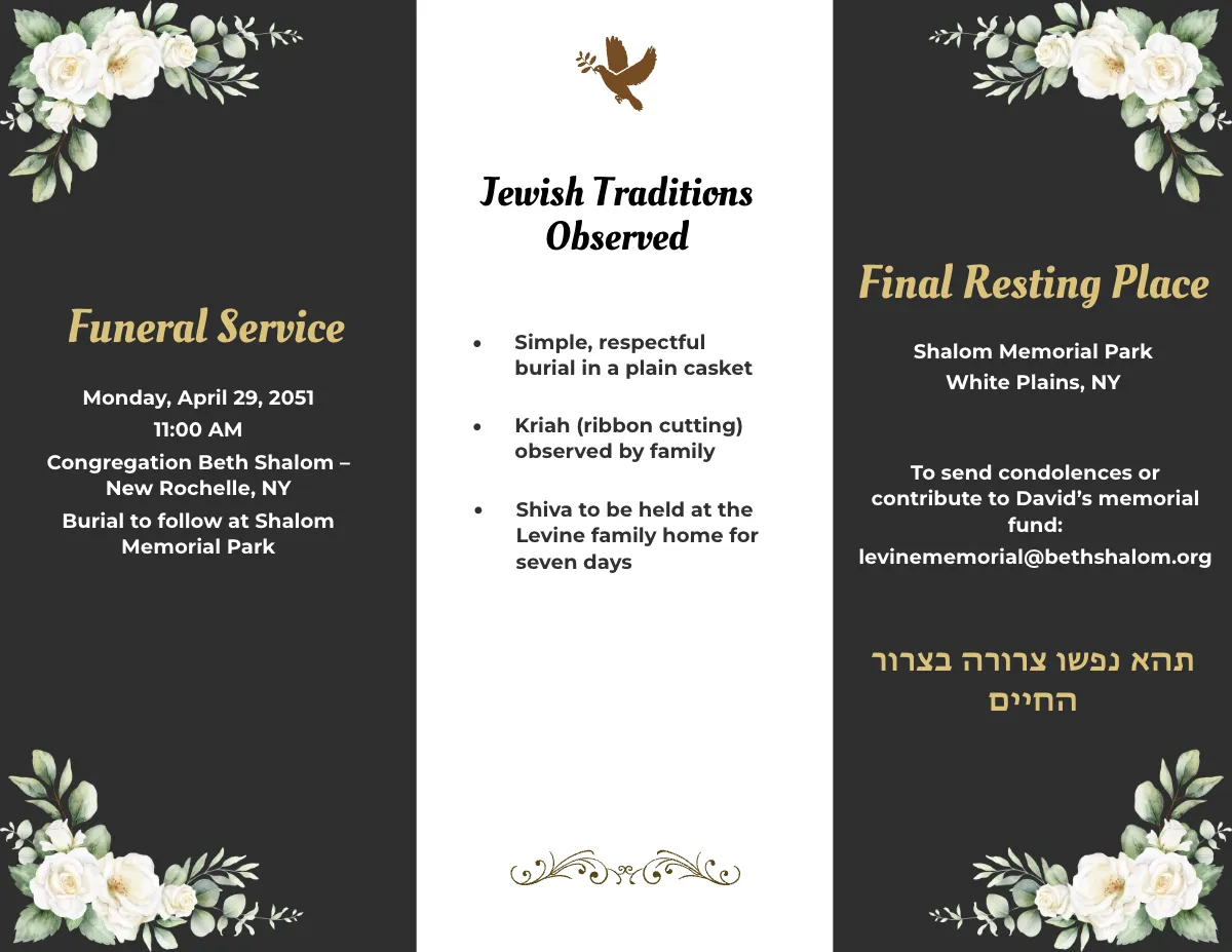 Free Jewish Eulogy Funeral Tri-Fold Brochure Template to Edit Online