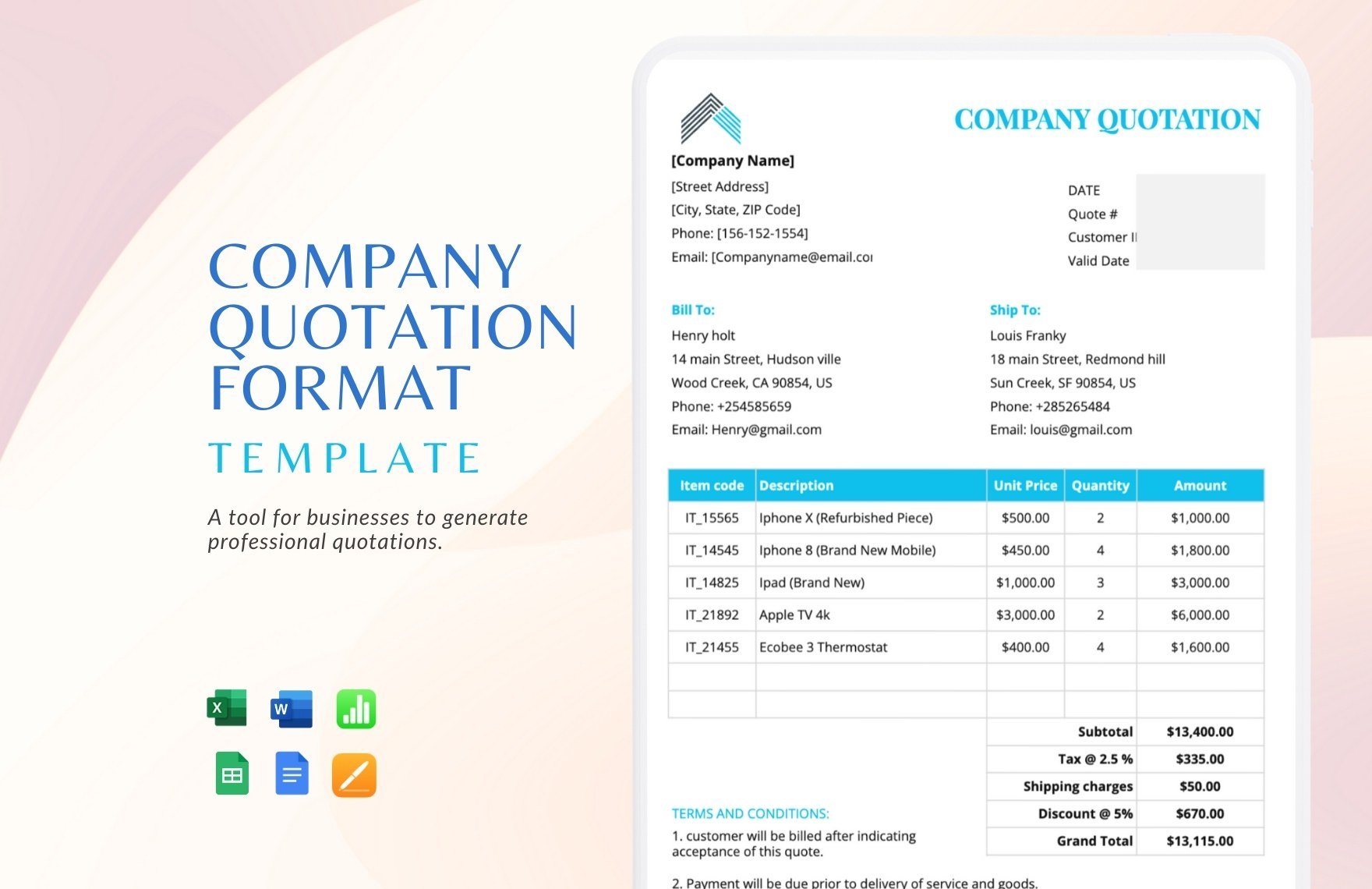 Company Quotation Format Template in Word, Google Docs, Excel, Google Sheets, Apple Pages, Apple Numbers