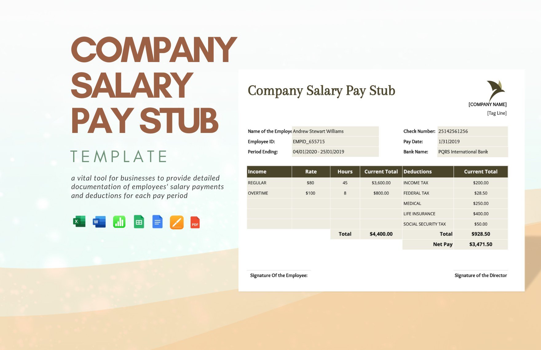 Company Salary Pay Stub Template in Word, Google Docs, Excel, PDF, Google Sheets, Apple Pages, Apple Numbers