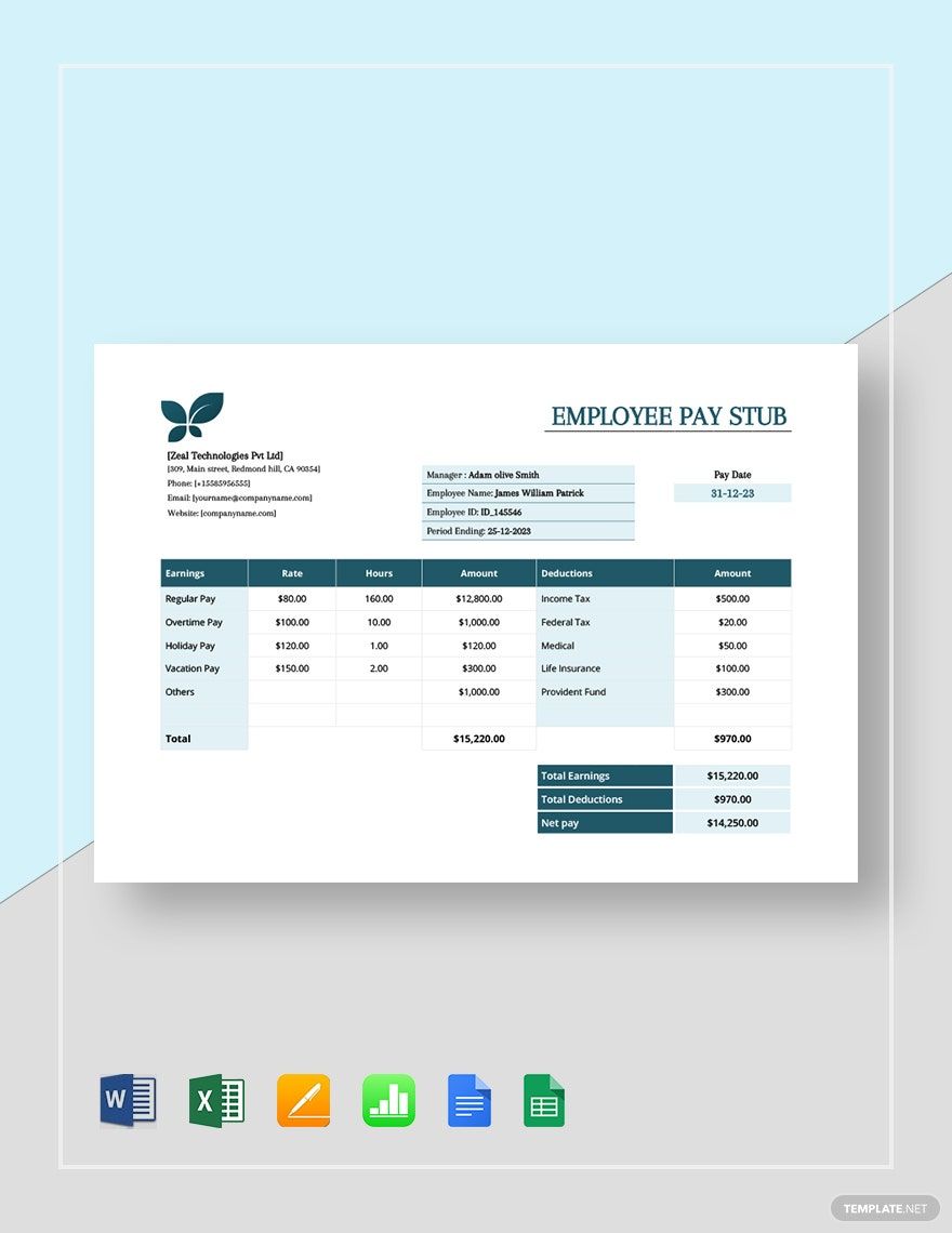 Employee Pay Stub Template in Google Docs, Google Sheets, Word, Pages