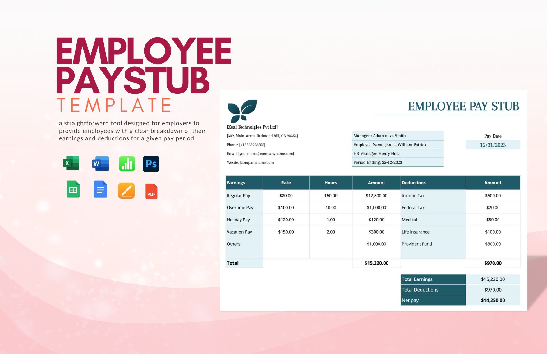Employee Pay Stub Template in Word, Google Docs, Excel, PDF, Google Sheets, PSD, Apple Pages