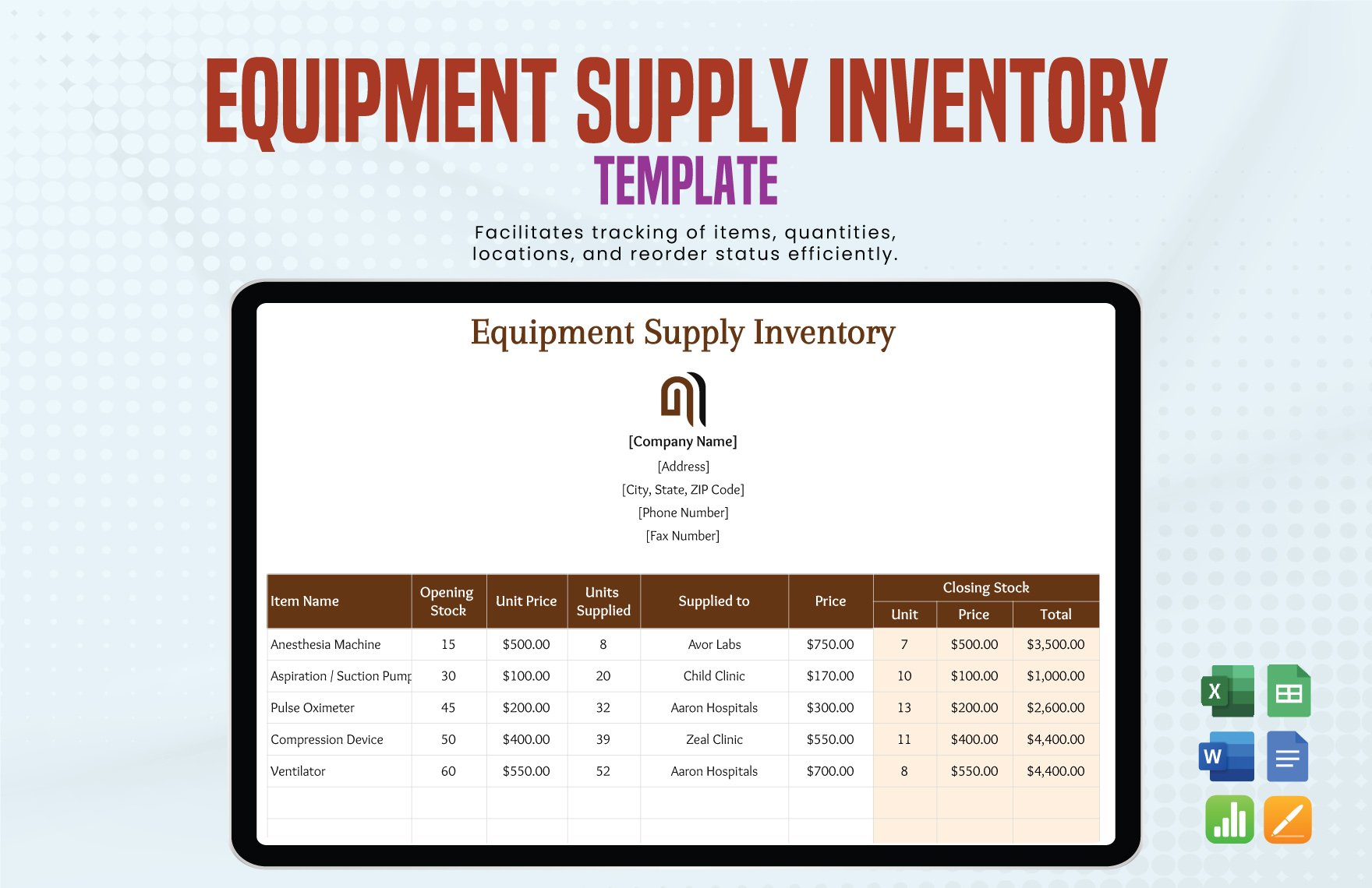 Equipment Supply Inventory Template in Word, Google Docs, Excel, Google Sheets, Apple Pages, Apple Numbers