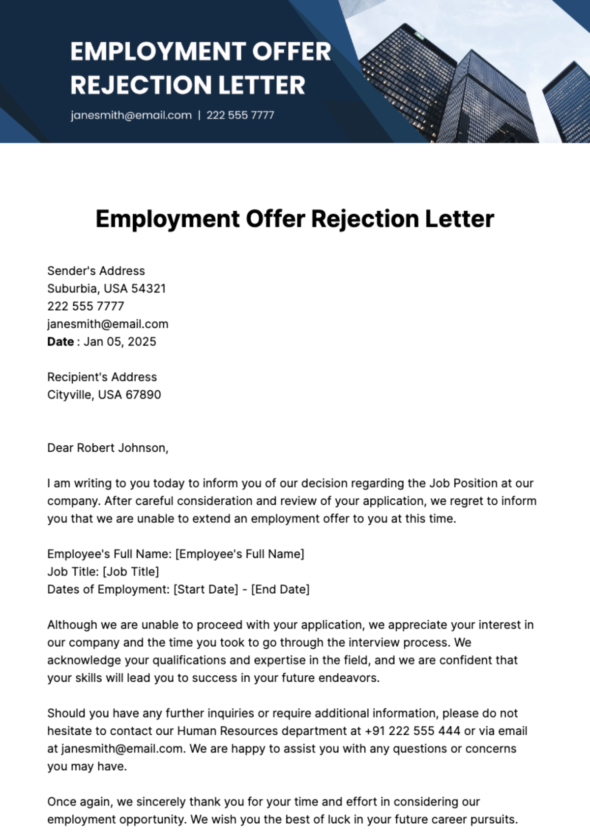 Free Employment Offer Rejection Letter Template