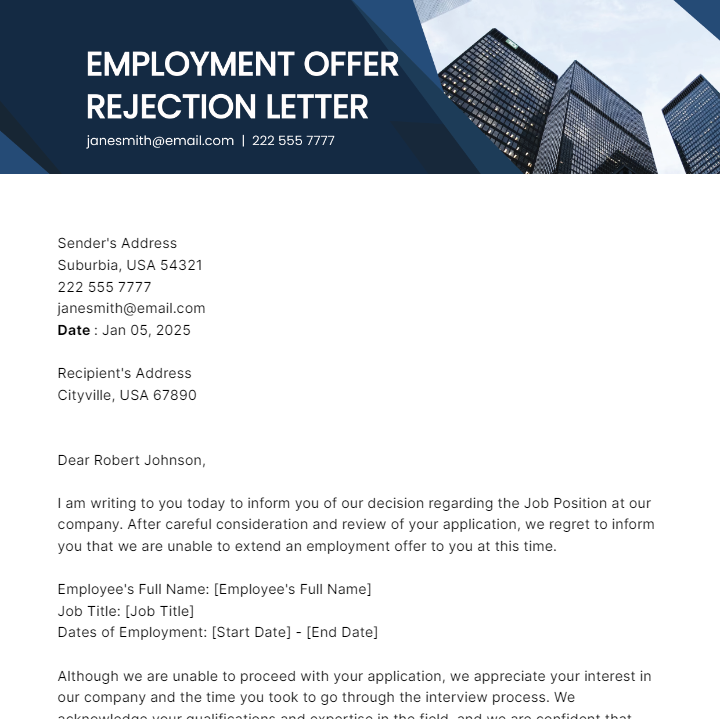 Employment Offer Rejection Letter Template