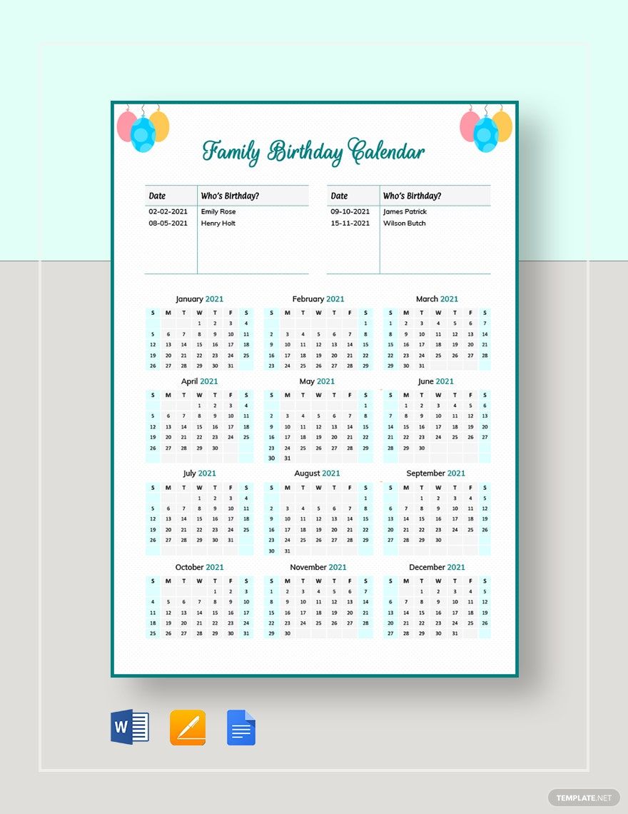 Family Birthday Calendar Template