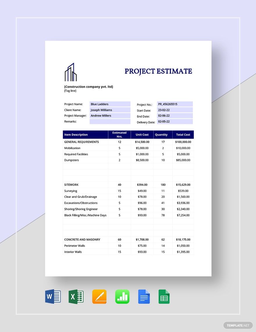 Project Estimate Template in Excel, Word, Apple Numbers, Pages, Google Docs, Google Sheets - Download | Template.net