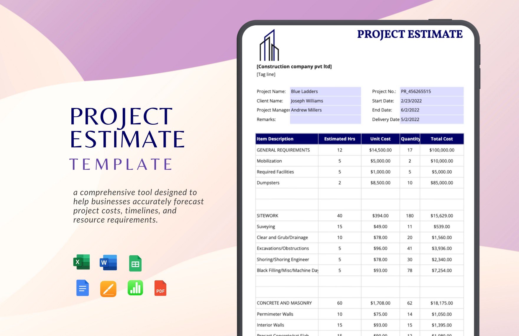 Project Estimate Template in Word, Google Docs, Excel, PDF, Google Sheets, Apple Pages, Apple Numbers