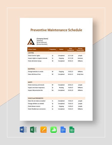 Planned Preventive Maintenance Schedule Template PDF Word Excel