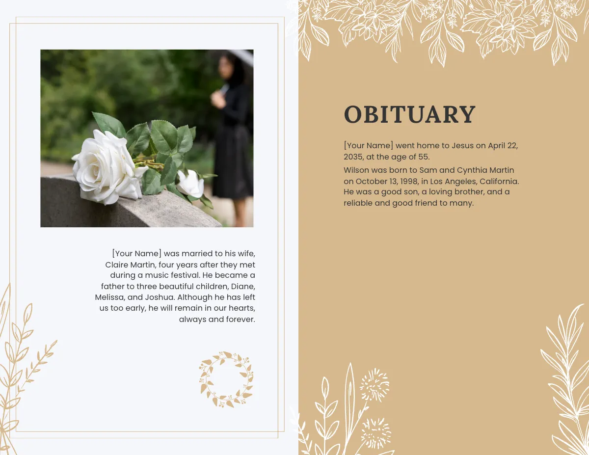 Free Modern Funeral Obituary Bi-Fold Brochure Template to Edit Online