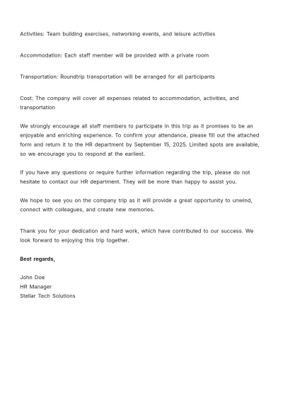 Free Company Trip Letter To Staff Template to Edit Online