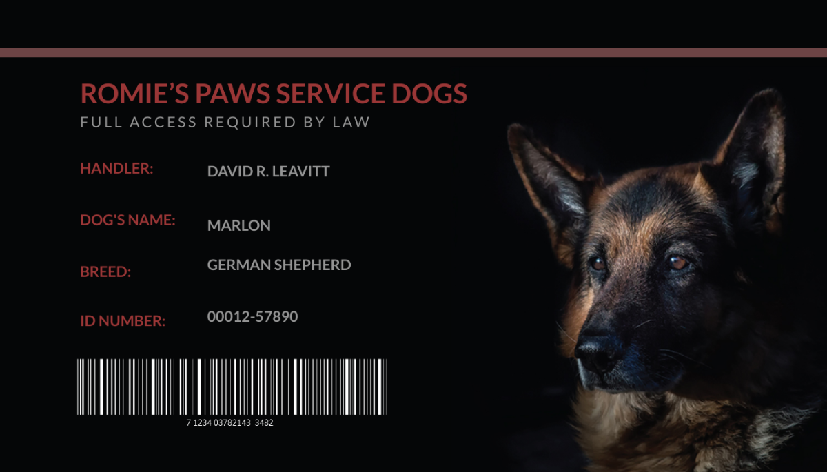 Sample Service Dog/Animal ID Card