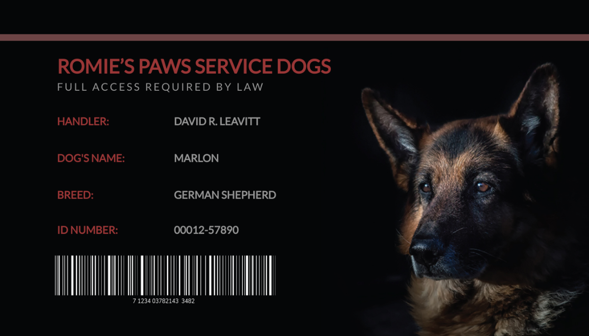 Sample Service Dog/Animal ID Card Template