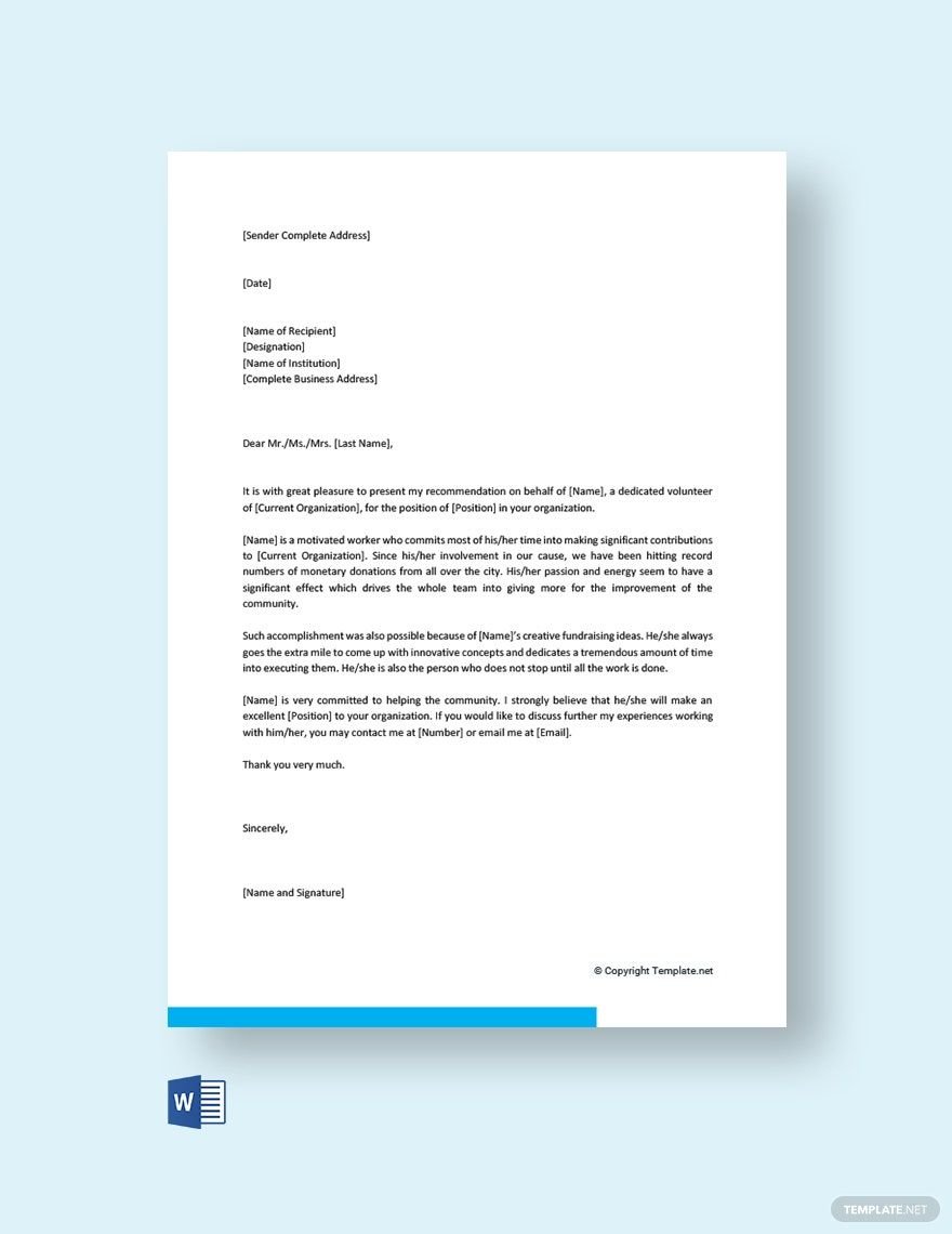 Community Service Recommendation Letter Template