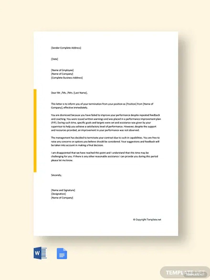 Employee Termination Letter Due To Poor Performance Template