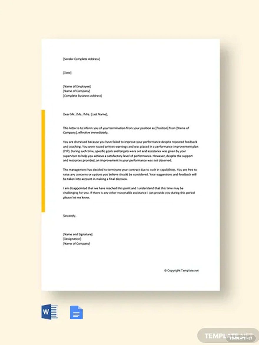 Employee Termination Letter Due To Poor Performance Template in Google Docs, Word, Pages, PDF - Download | Template.net