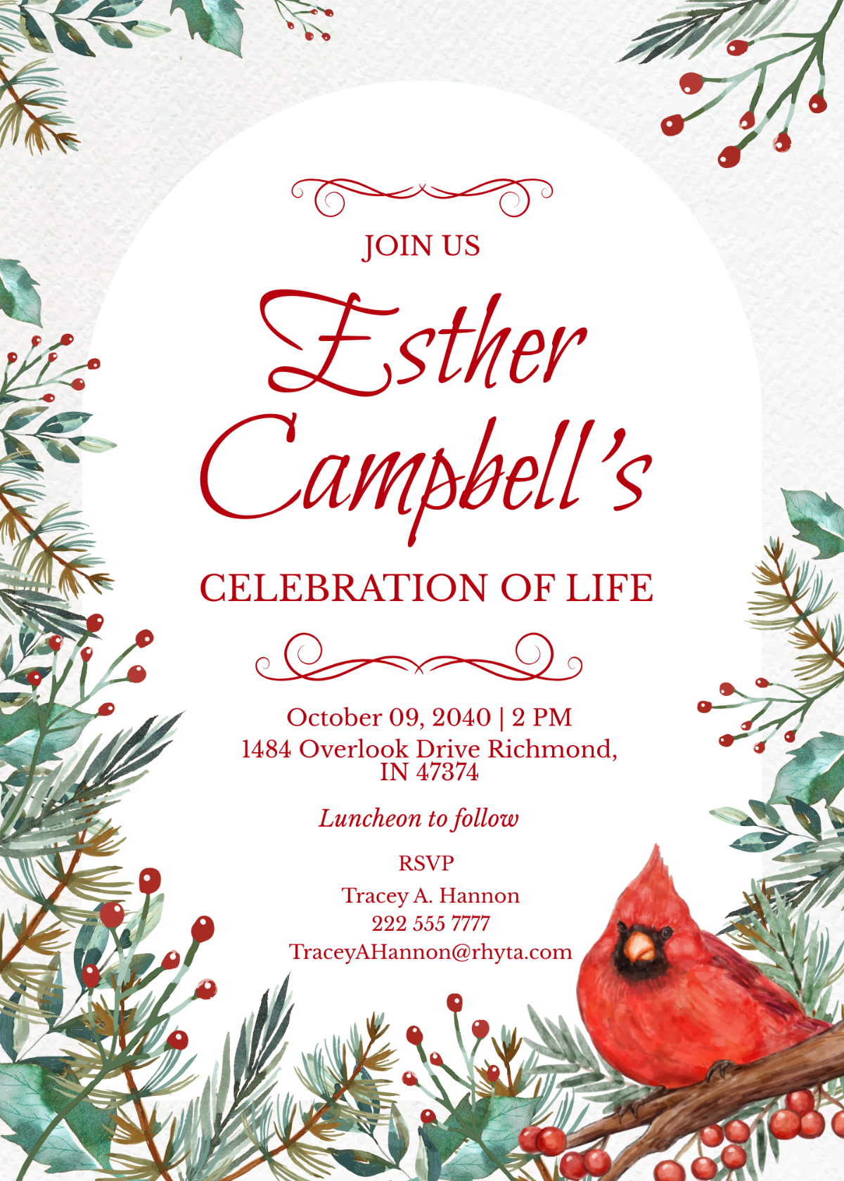 Cardinal Funeral Celebration Of Life Invitation