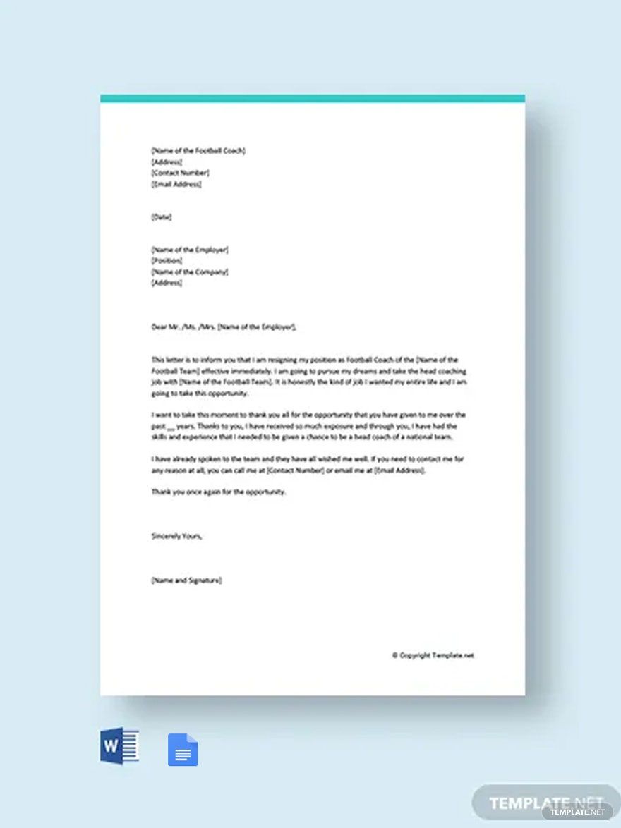 Football Coach Resignation Letter Template in Word, Google Docs, PDF, Apple Pages