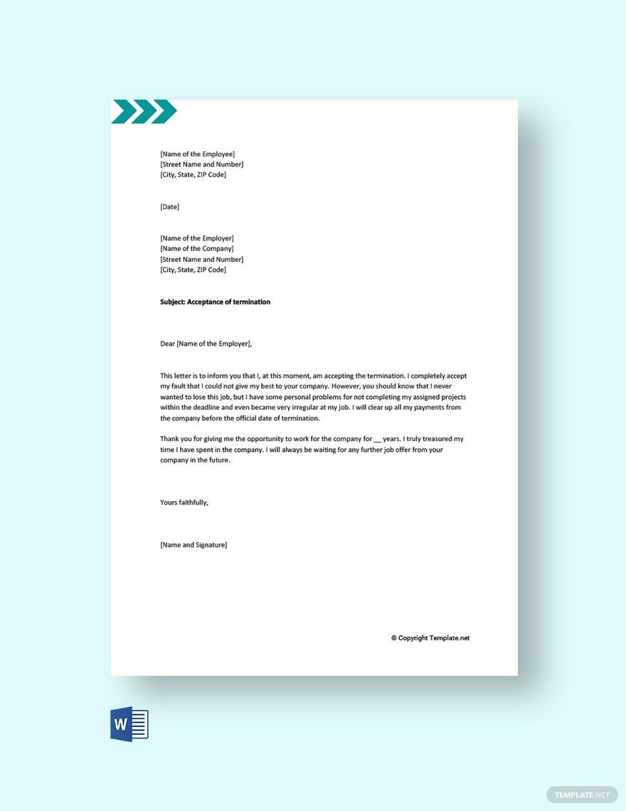 Free Job Termination Acceptance Letter Template