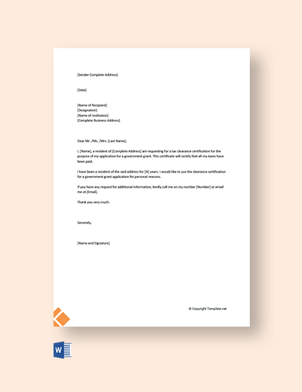 Free Request Letter For Clearance Certificate Template - Word
