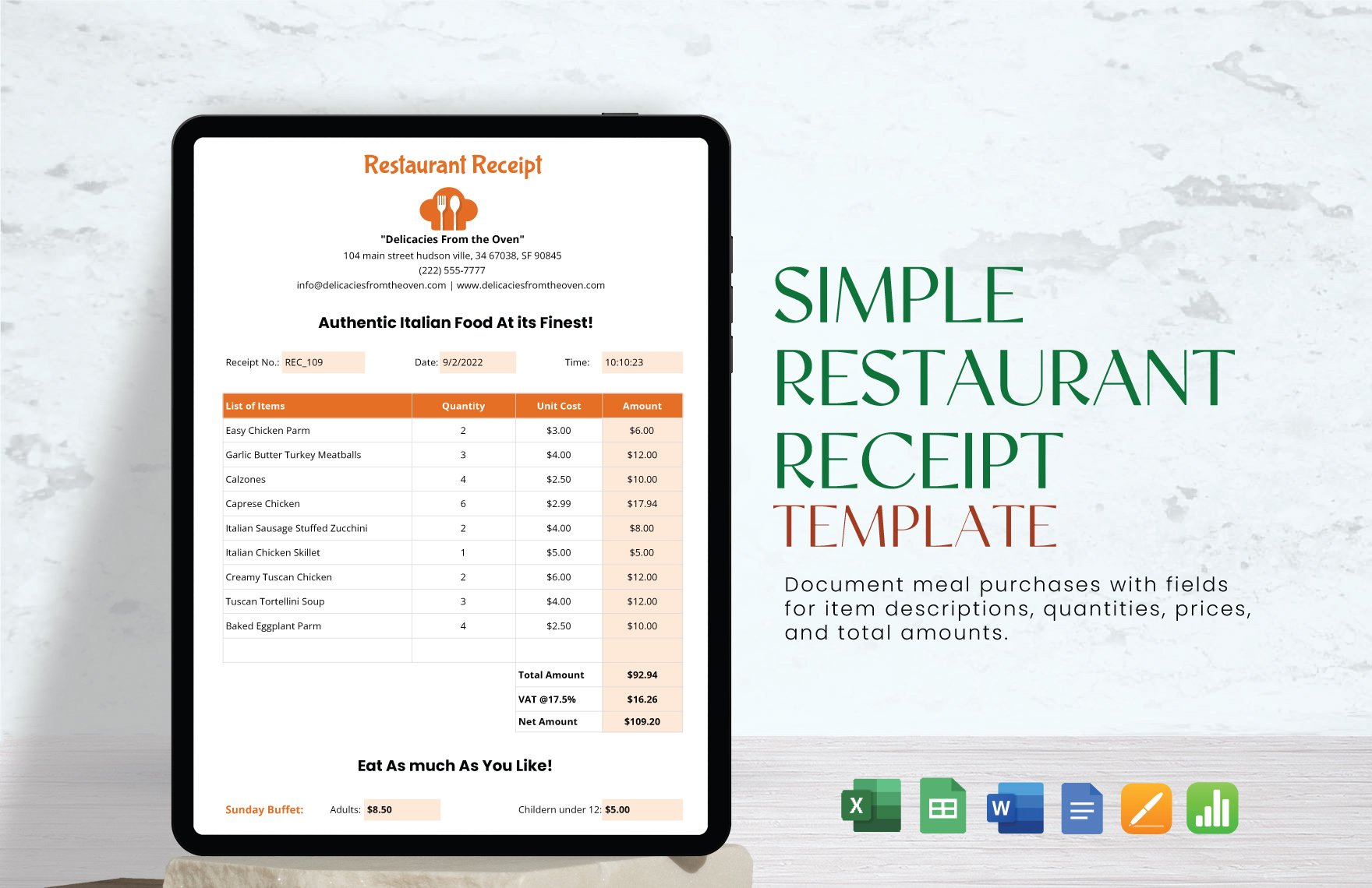 Free Simple Restaurant Receipt Template in Word, Google Docs, Excel, Google Sheets, Apple Pages, Apple Numbers
