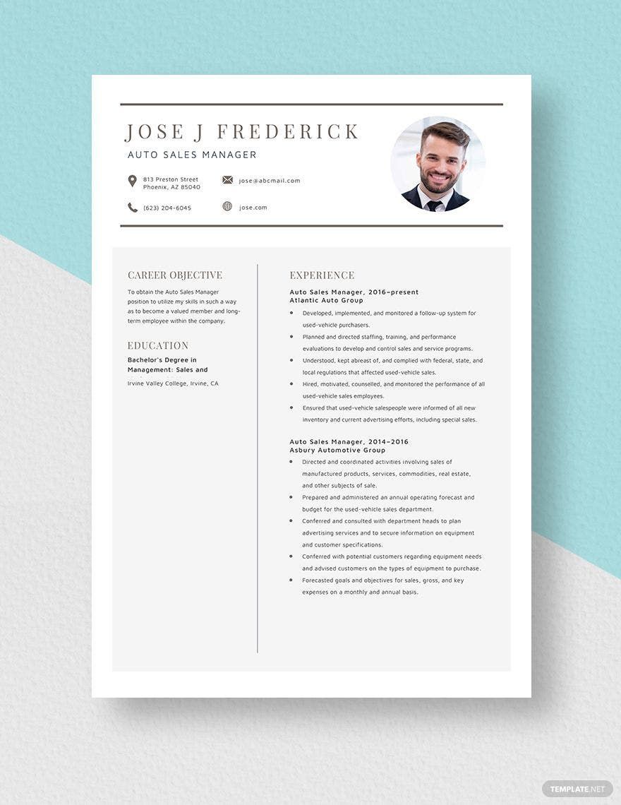 Auto Sales Manager Resume