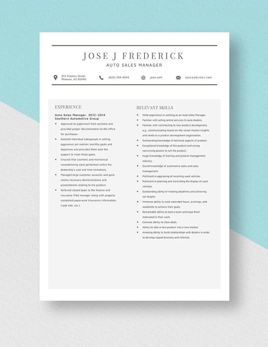 Auto Sales Manager Resume