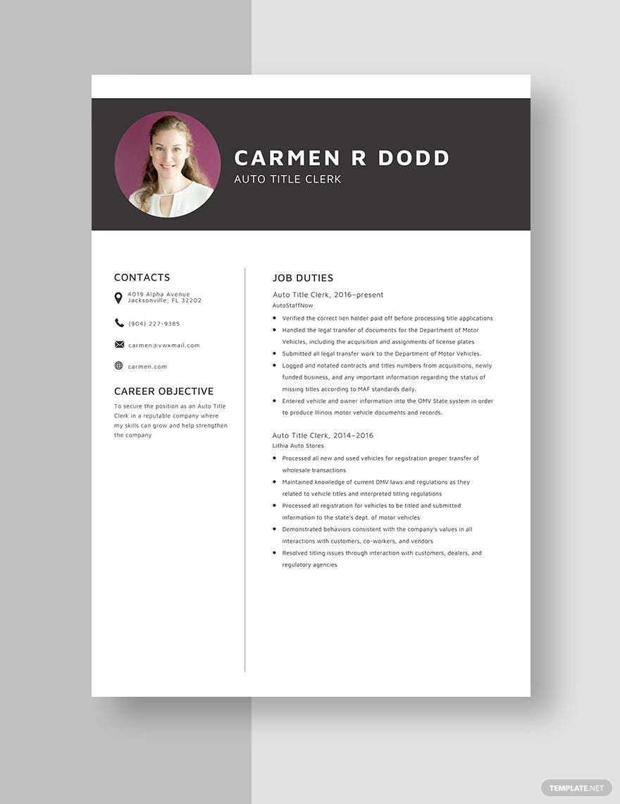 Auto Title Clerk Resume in Word, Apple Pages