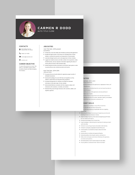 Auto Title Clerk Resume Template Download