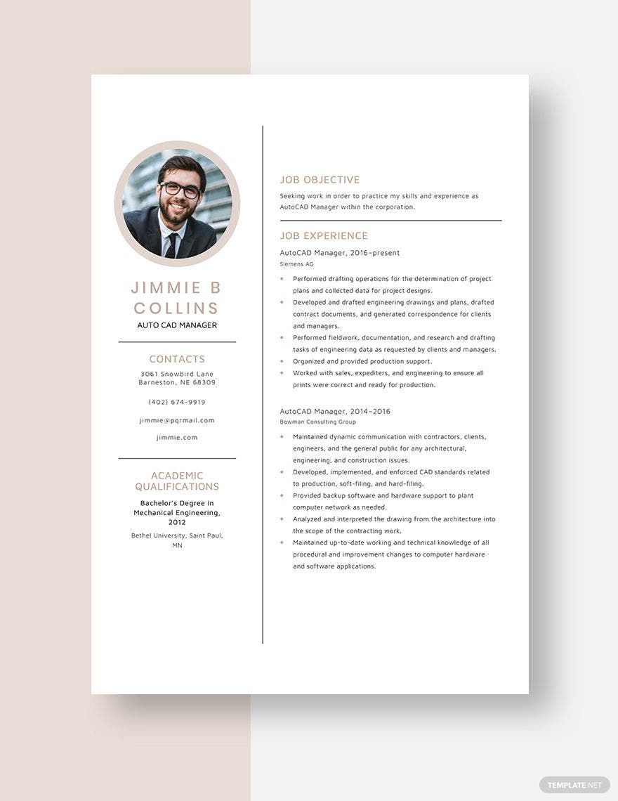 Free AutoCAD Manager Resume Template