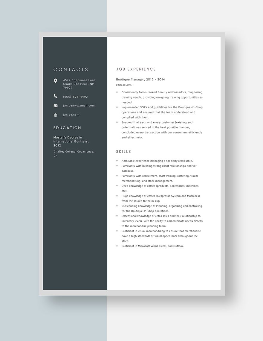 Boutique Manager Resume
