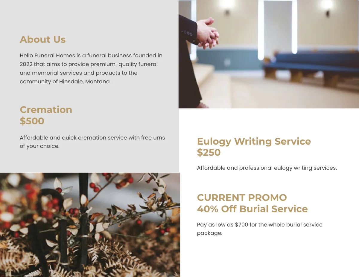 Free Burial Funeral Service Bi-Fold Brochure Template to Edit Online