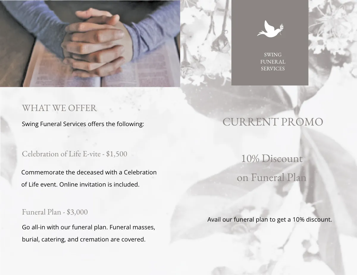 Free Celebration of Life Evite Funeral Bi-Fold Brochure Template to Edit Online
