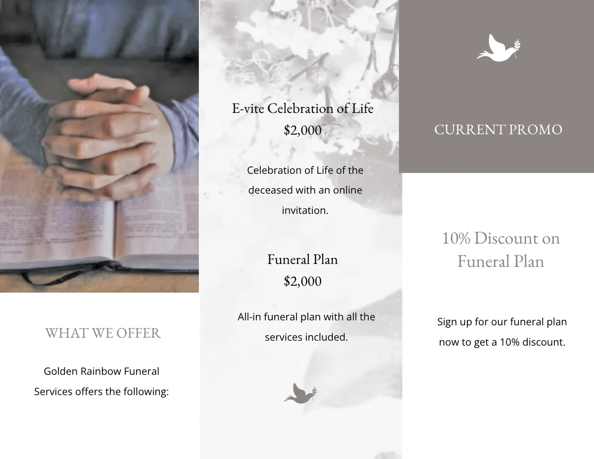 Free Celebration of Life Evite Funeral Tri-Fold Brochure Template to Edit Online