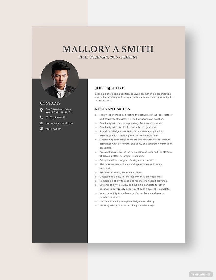 Civil Foreman Resume In Pages MS Word Download