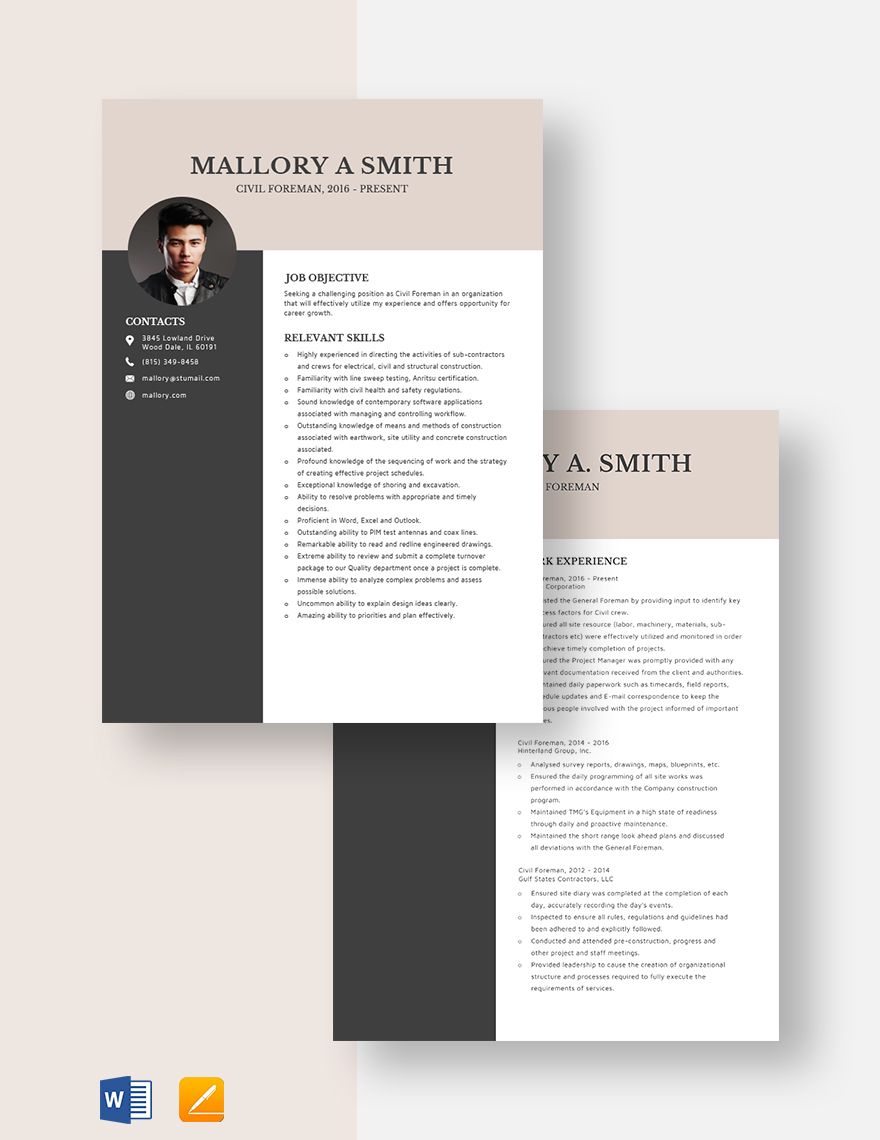 Civil Foreman Resume Download In Word Apple Pages Template