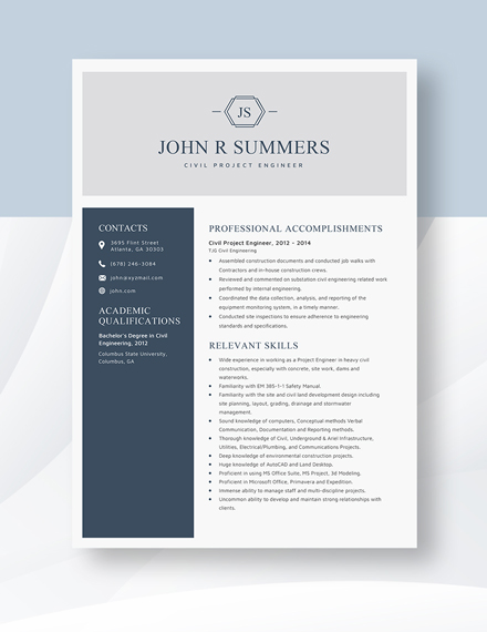 Civil Project Engineer Resume Template