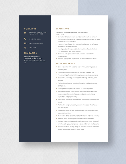 Computer Security Specialist Resume Template